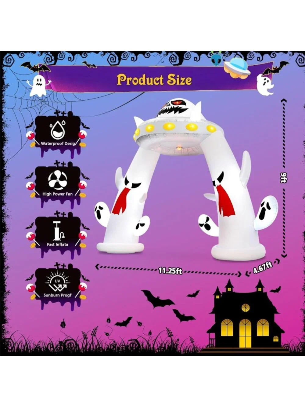 11 ft Halloween Inflatable Archway with Ghosts & UFO - Light-Up Yard Decor